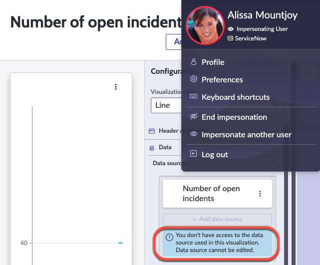 Alissa Mountjoy がログインしているがデータソースを編集できない状態での、編集モードでのオープンインシデントデータの表示方法の数。