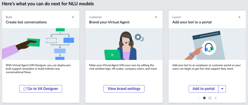 The Here's what you can do next for NLU models section of the page contains cards that you can select to customize or install additional features.