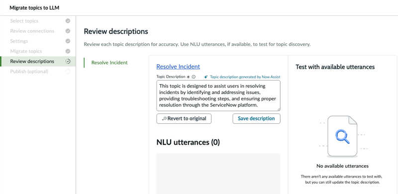 No NLU utterances to test and only the edit description feature.