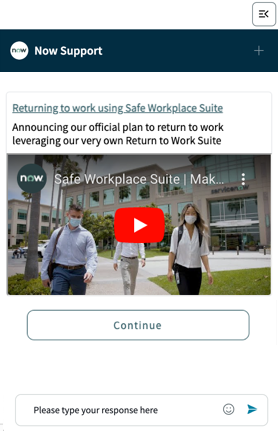Video card with the header "Returning to work using Safe Workplace Suite," a description, and a "Continue" navigation button.