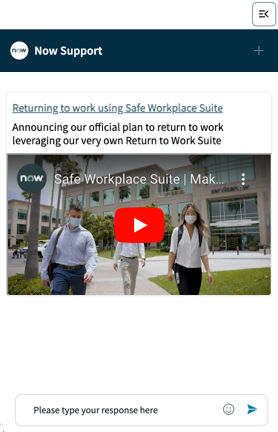 Video card with the header, "Returning to work using Safe Workplace Suite" and a description.