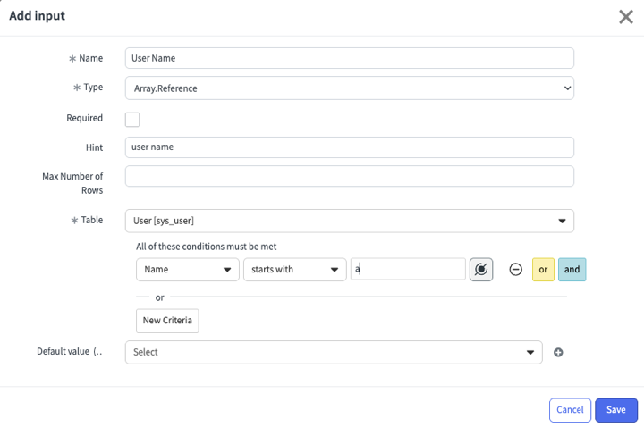 Edit input window, showing data type definition inAssistant Designer.