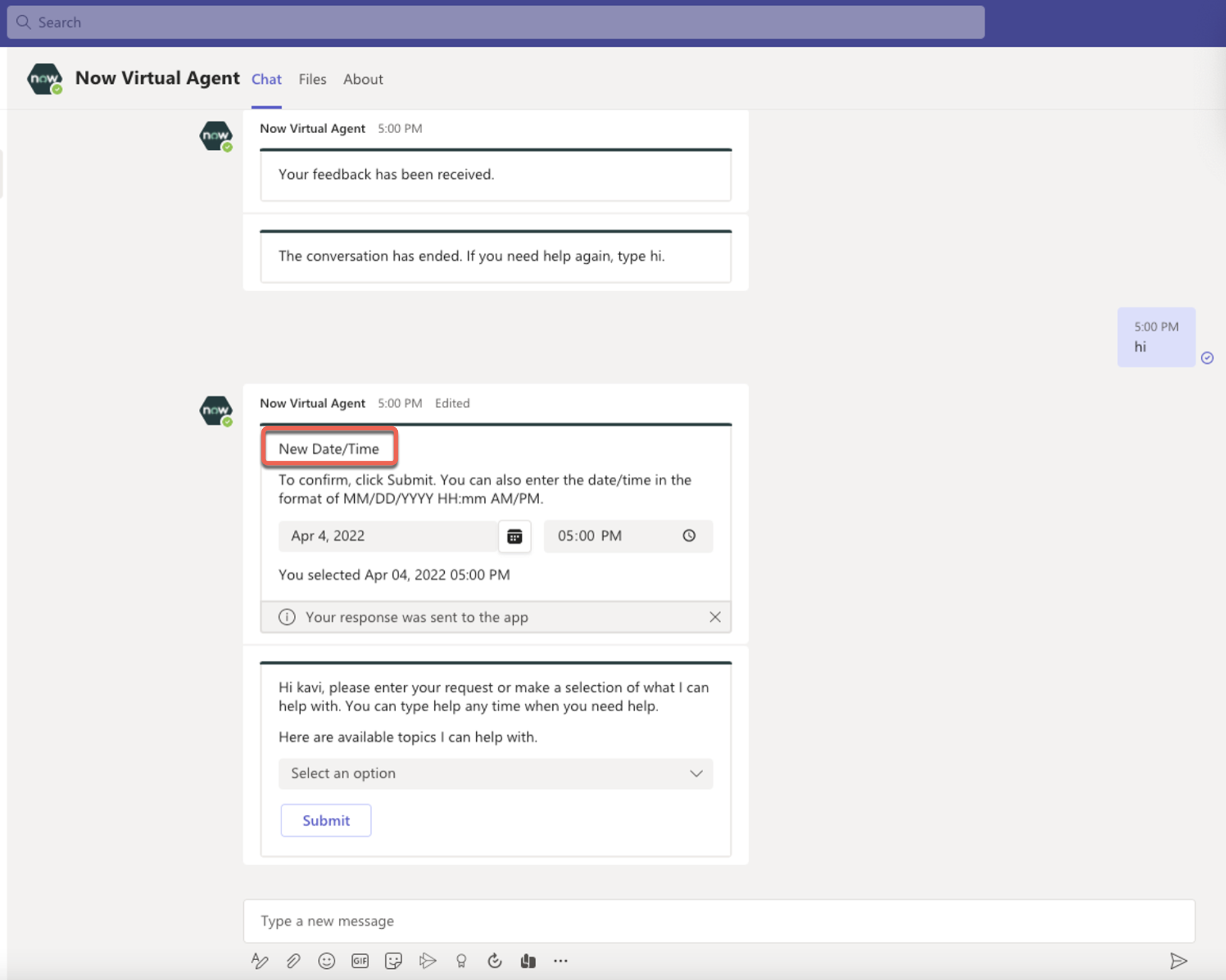 Microsoft Teams에서 이 알림에는 "새 날짜/시간" 제목과 약속을 예약할 수 있는 날짜/시간 선택기가 표시됩니다. 완료되면 사용자가 제출 버튼을 선택합니다.