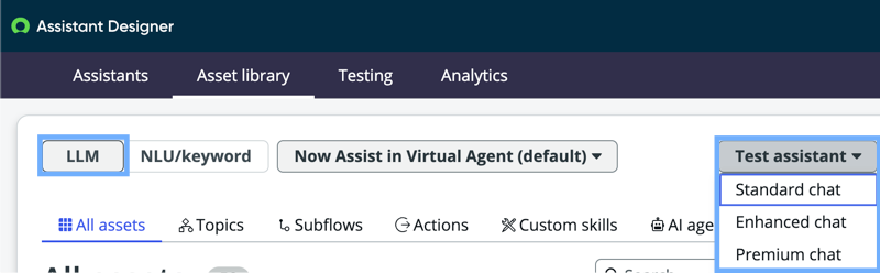 Test in enhanced chat from the Assistant Designer Asset library's Test assistant drop-down menu.