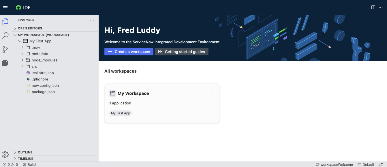 La page d’accueil IDE ServiceNow avec les espaces de travail de l’utilisateur répertoriés.