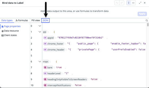 Modal de liaison de données avec flèche noire pointant vers l’option JSON.