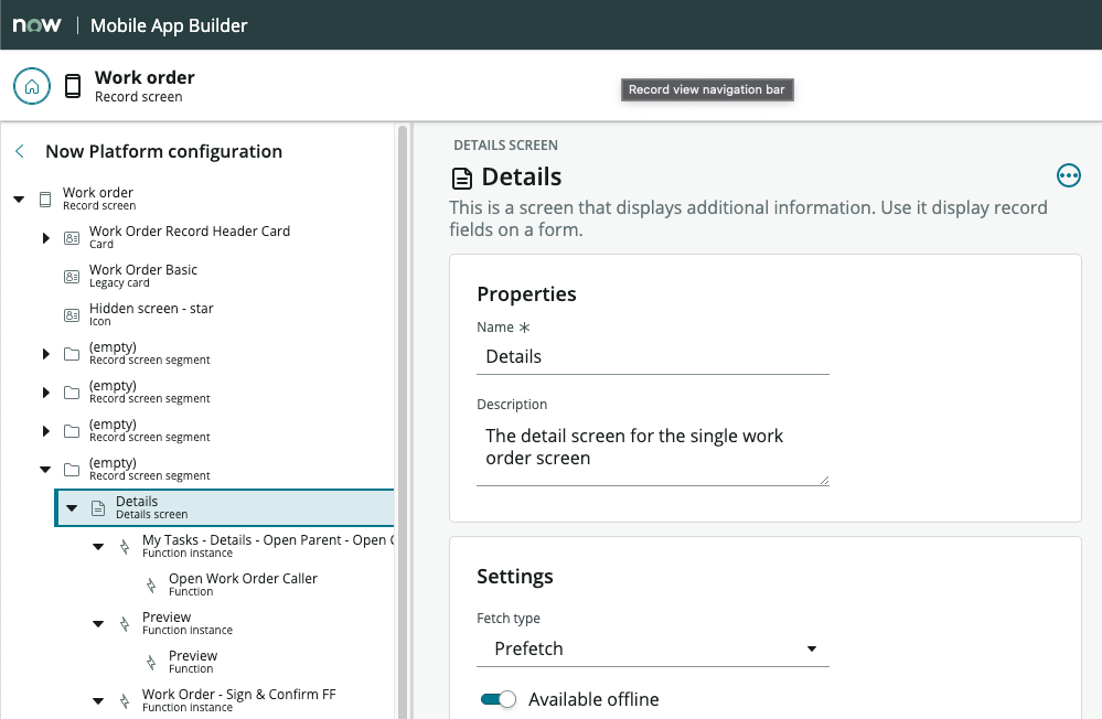 Écran Détails dans l’arborescence de configuration de Générateur d’application mobile