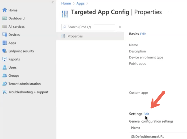 Centre d'administration de Microsoft&nbsp;Endpoint&nbsp;Manager indiquant où vous pouvez modifier les propriétés de configuration des applications.