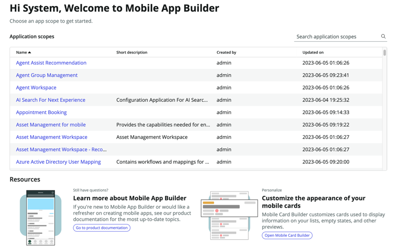 Écran de sélection du périmètre de l’application du générateur d’apps mobiles.