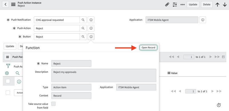 Bouton Ouvrir l'enregistrement dans la fenêtre contextuelle de la fonction