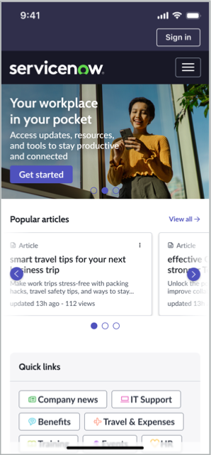 Page de destination comportant un bouton de connexion personnalisé dans l’en-tête de l’application mobile.