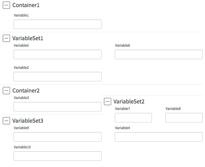 Formular „Servicekatalog“, das im Servicekatalog angezeigt wird. Variablensätze haben mehrere Spalten.