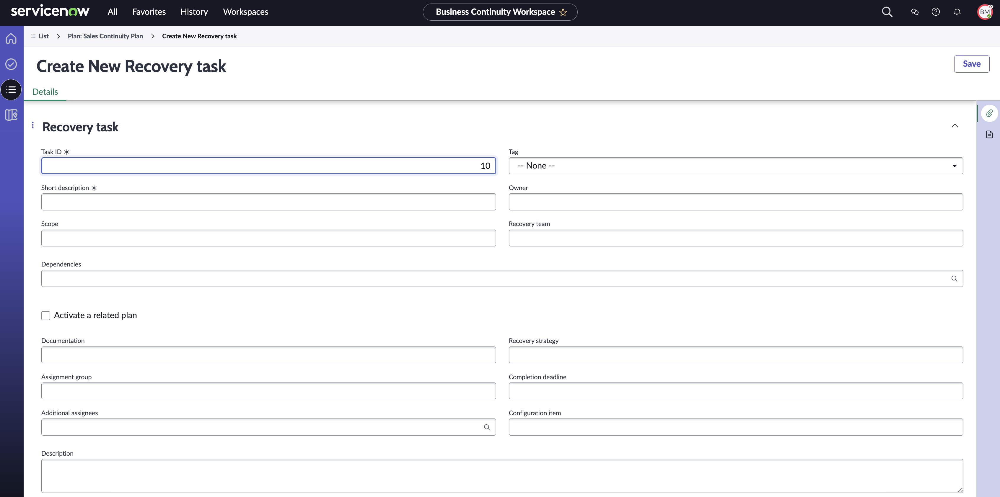 [新しい復旧タスクの作成(Create New Recovery task)] フォーム。