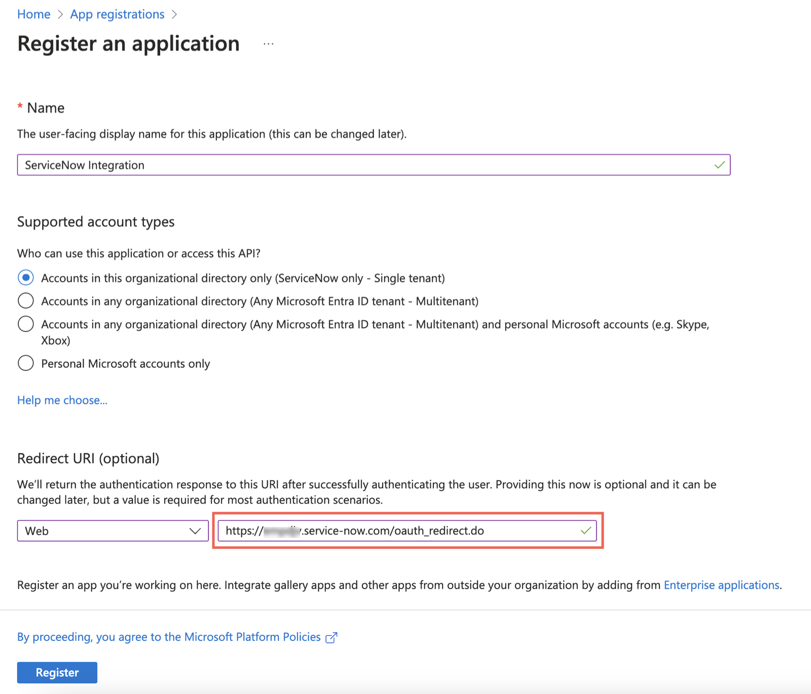 Registre uma aplicação no portal do Microsoft Azure.
