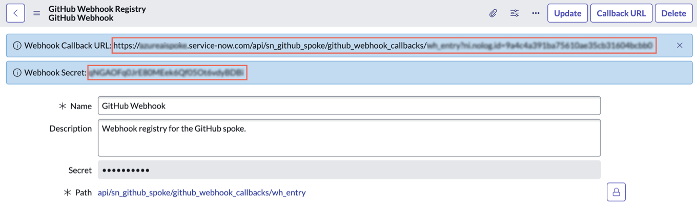 Valores da URL de retorno de chamada do Webhook e do segredo do Webhookgerados.