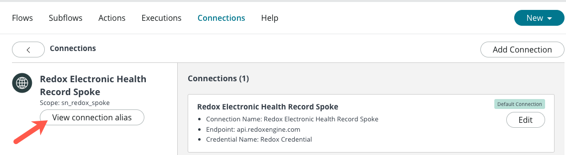 Exibir botão de alias de conexão no registro de spoke do Redox.