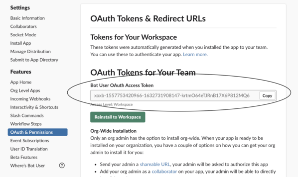 O campo Token de acesso de OAuth do usuário bot é realçado na instância do Slack. Selecione "Copiar" para copiá-lo para a área de transferência.