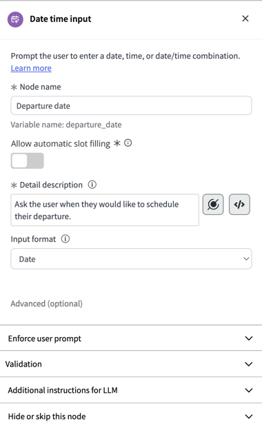 Todos os campos básicos de entrada do usuário de data e hora estão disponíveis abertamente. Selecione qualquer uma das opções avançadas para ativá-las individualmente.