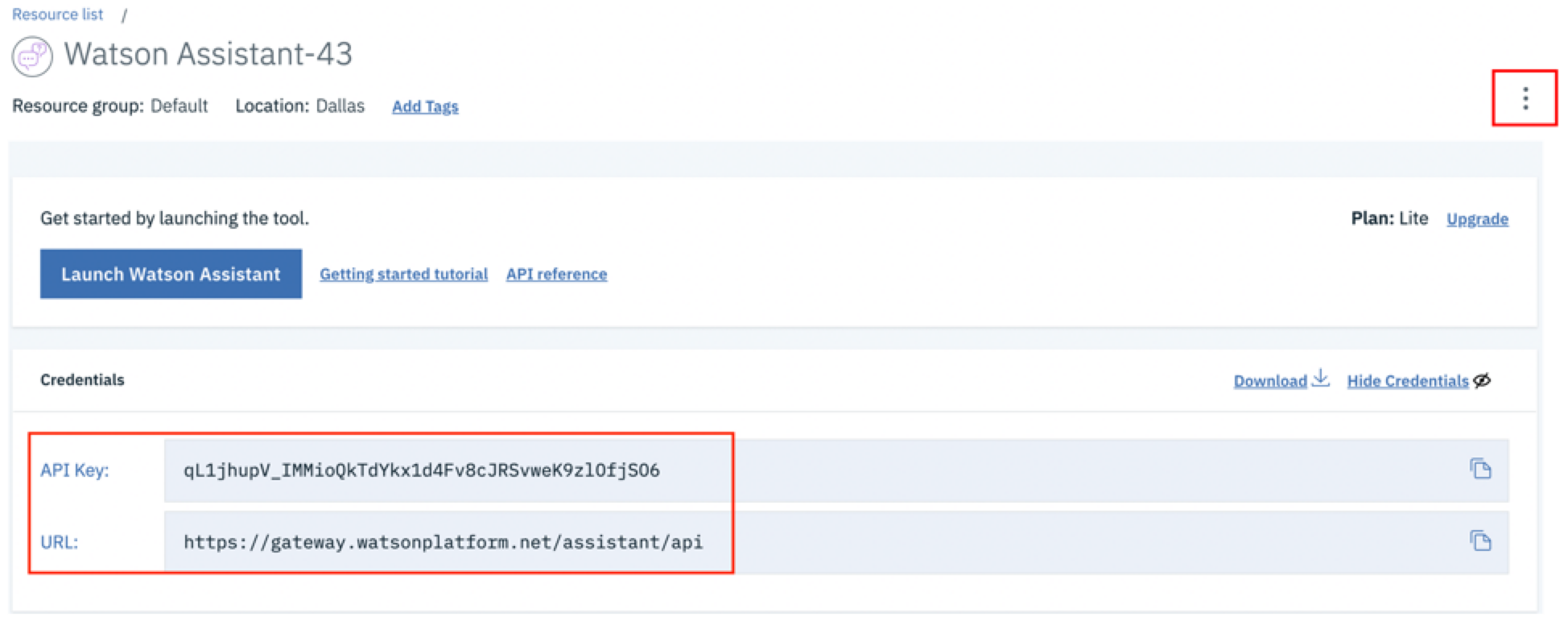 Página da lista de recursos em IBM Watson Assistant, Que mostra a chave de API e os valores de URL do assistente.