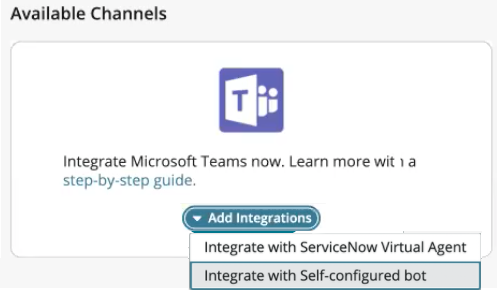 Microsoft Teams Adicionar opções de integrações. A opção Integrar com bot autoconfigurado é selecionada.