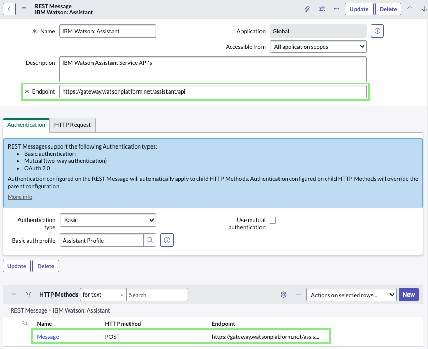Formulário de Mensagens de REST para IBM Watson Assistant com URLs de endpoint da IBM destacados.