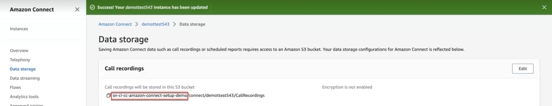 O nome do bucket S3 da Amazon na página Armazenamento de dados.