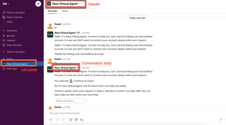 Na janela de bate-papo, você pode modificar o cabeçalho da janela de bate-papo, o título que aparece no painel de navegação do Slack e o nome e o ícone no corpo da conversa.