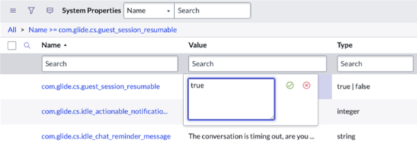 Página Propriedades do sistema com o valor com.glide.cs.guest_session_resumable definido como verdadeiro.