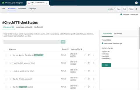 O tópico Verificar status do tíquete de TI exibe 24 enunciados. Há duas entidades associadas. Você pode adicionar mais enunciados ou treinar e testar seu modelo.