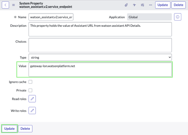 Formulário para a propriedade watson_assistant.v2.service_endpoint. Exemplo de valor de URL e botão Atualizar realçados.