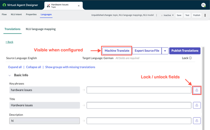 Designer do Virtual Agent Guia Traduções da página Idiomas. Os controles Bloquear/desbloquear e Tradução automática, realçados aqui, ficam visíveis quando configurados.
