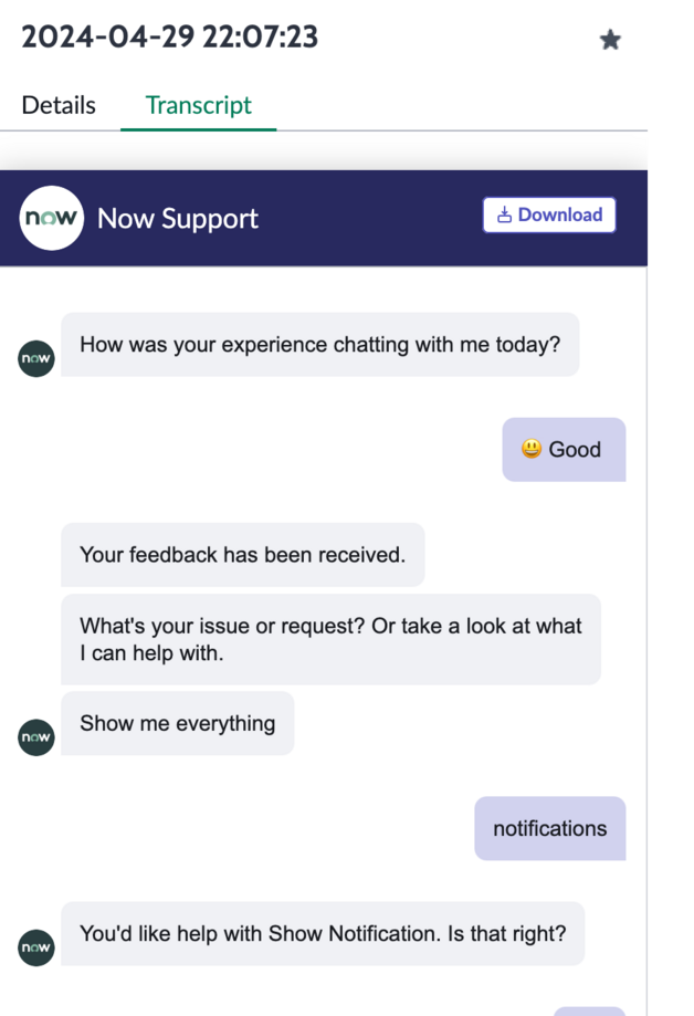 Virtual Agent Guia de transcrição da conversa mostrando o registro da conversa.