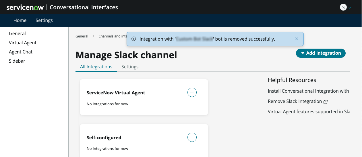 Mensagem na faixa confirmando a remoção da integração do bot autoconfigurado com Slack.