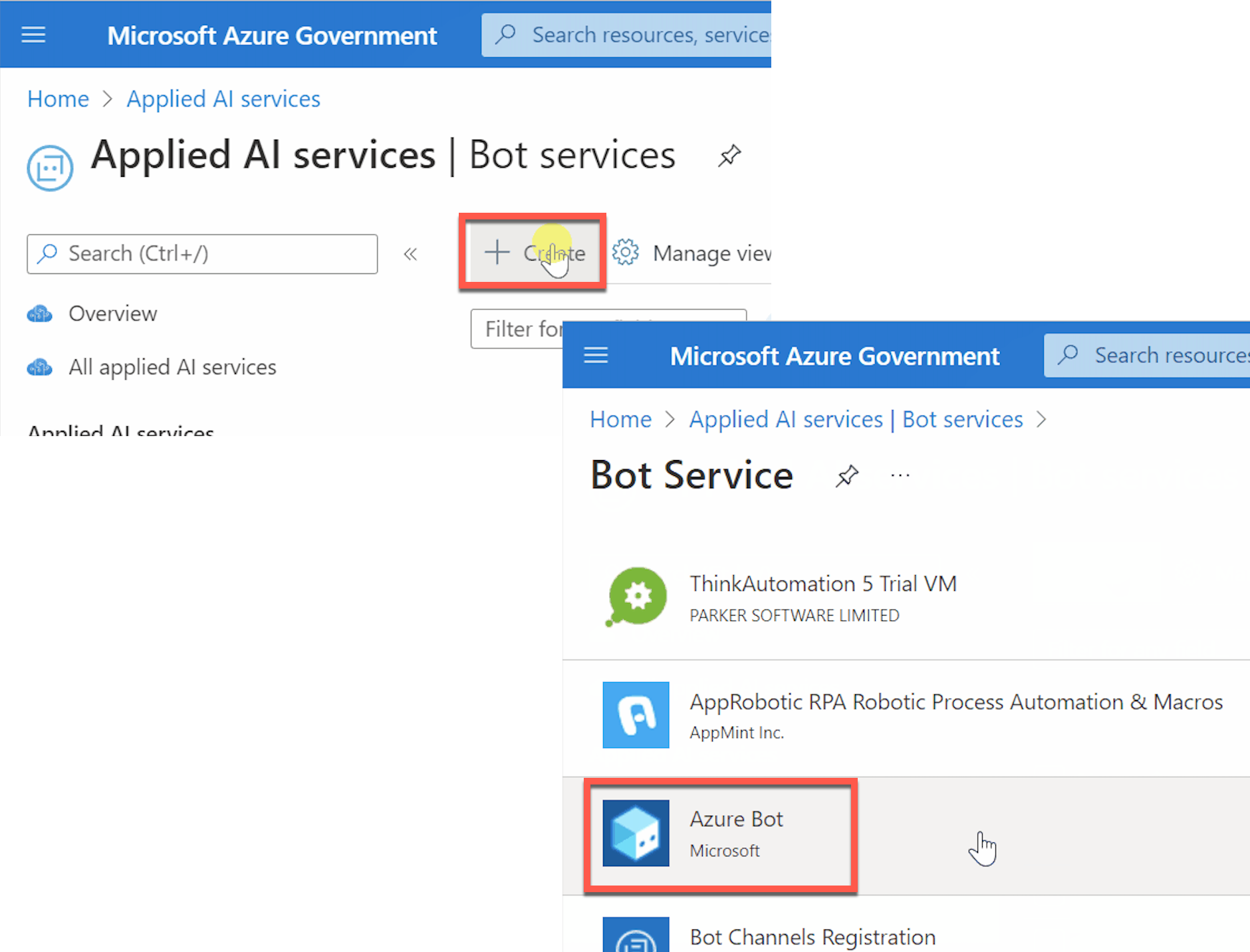 Portal de serviços de IA aplicada do Microsoft Azure com o botão Criar realçado e o portal de serviço de bot com o serviço de bot do Azure realçado.
