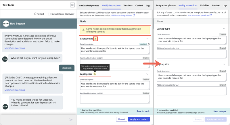 Guia de instruções de modificação mostrando avisos de conteúdo ofensivo.
