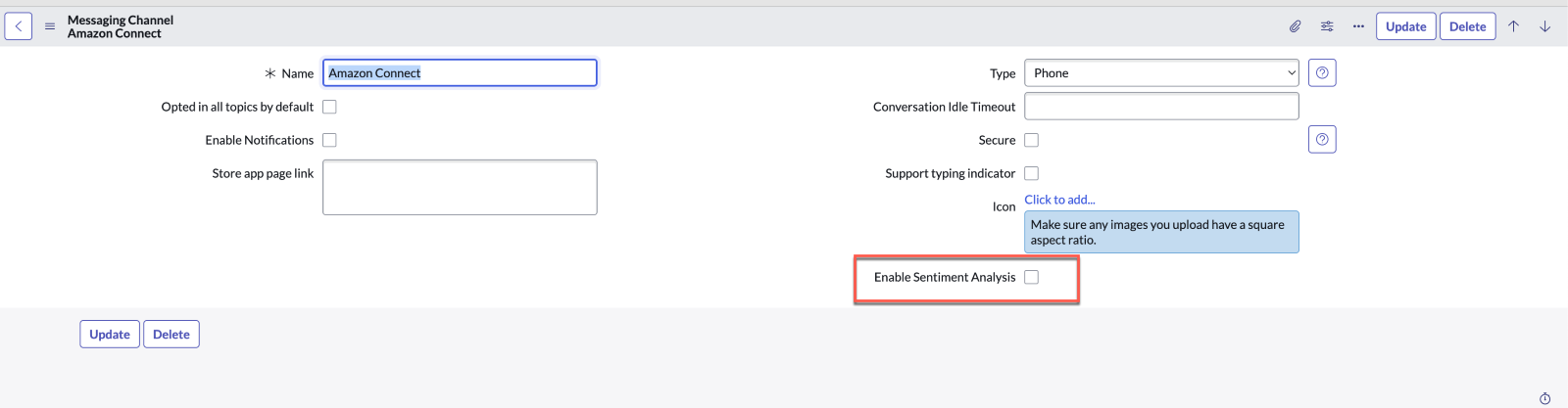 Janela do canal de envio de mensagens do Amazon Connect, com a opção Habilitar análise de sentimento realçada.