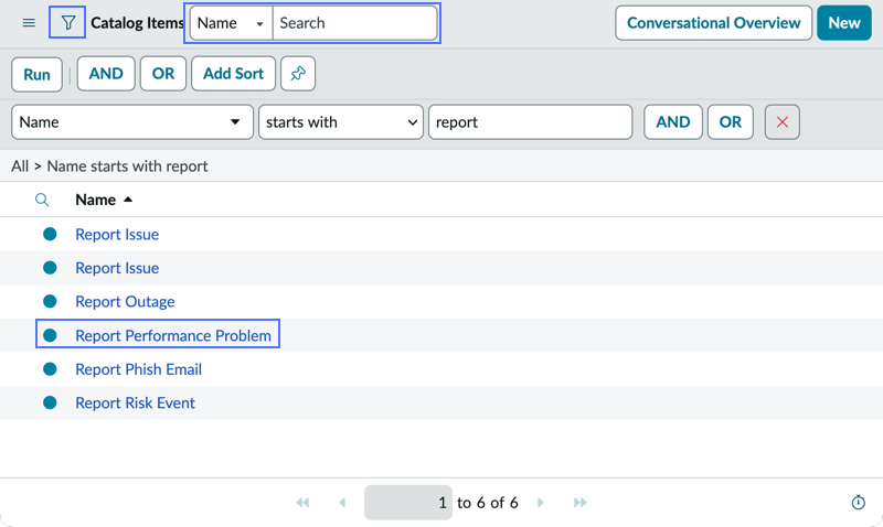 Catalog items dialog with filter, search and Report Performance Problem items highlighted