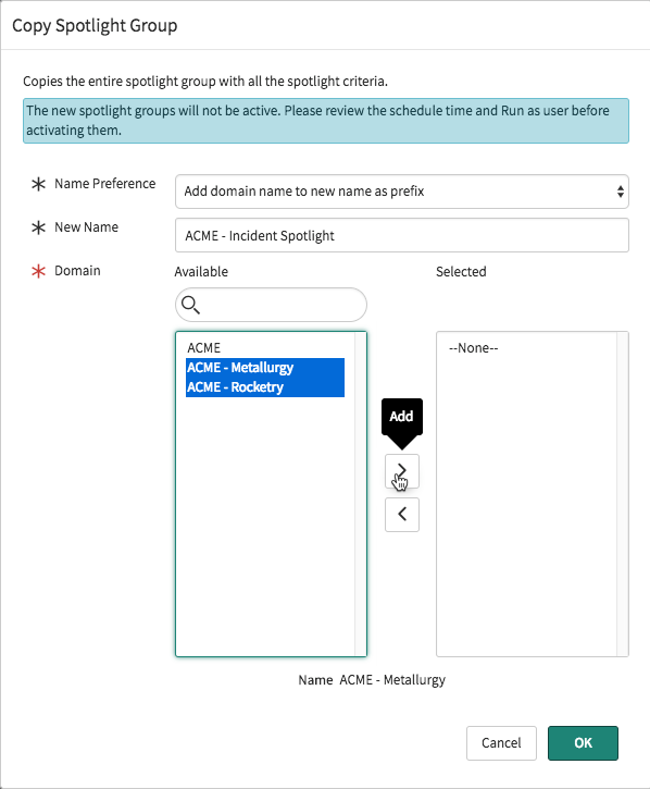Copy Spotlight Group dialog, with the ACME - Metallurgy and ACME - Rocketry subdomains about to be selected.