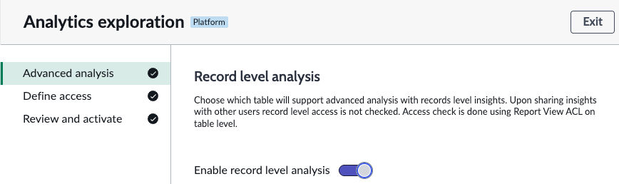 Analytics exploration skill settings with Enable record level analysis turned on.