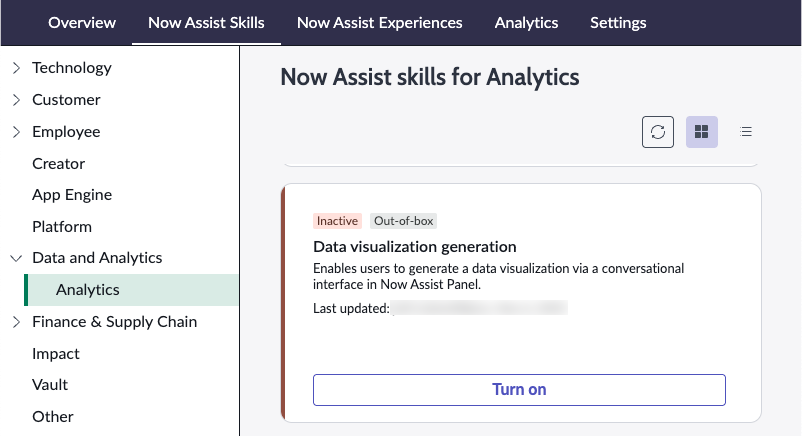 Now Assist Skills tab of Now Assist Admin console, showing the Data visualization generation skill under Data and Analytics.
