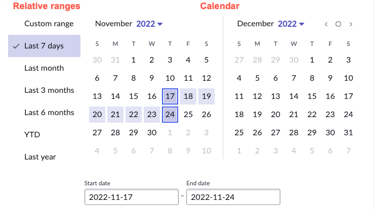 Runtime view of date filter with both relative ranges and calendar.