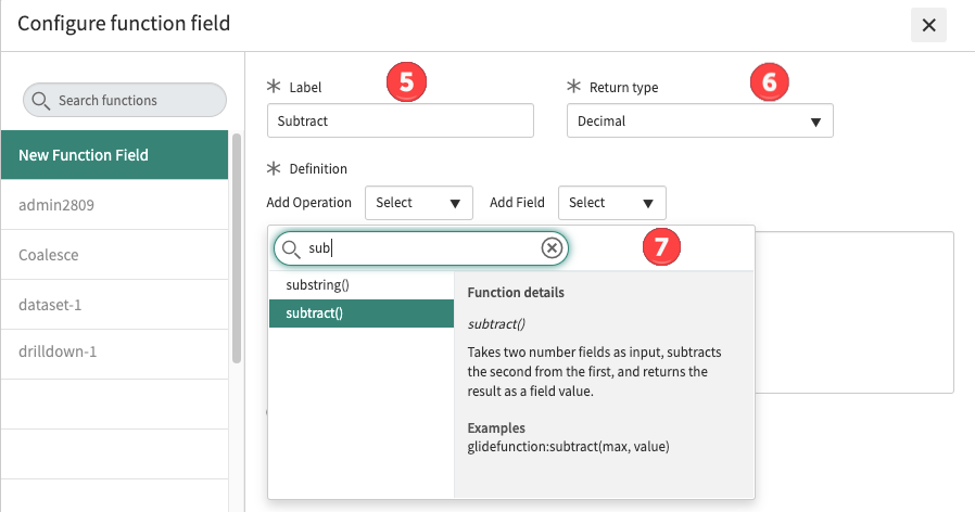 Create function field window with callouts for Label, Return type, and Add Operation. The subtract operation is highlighted.