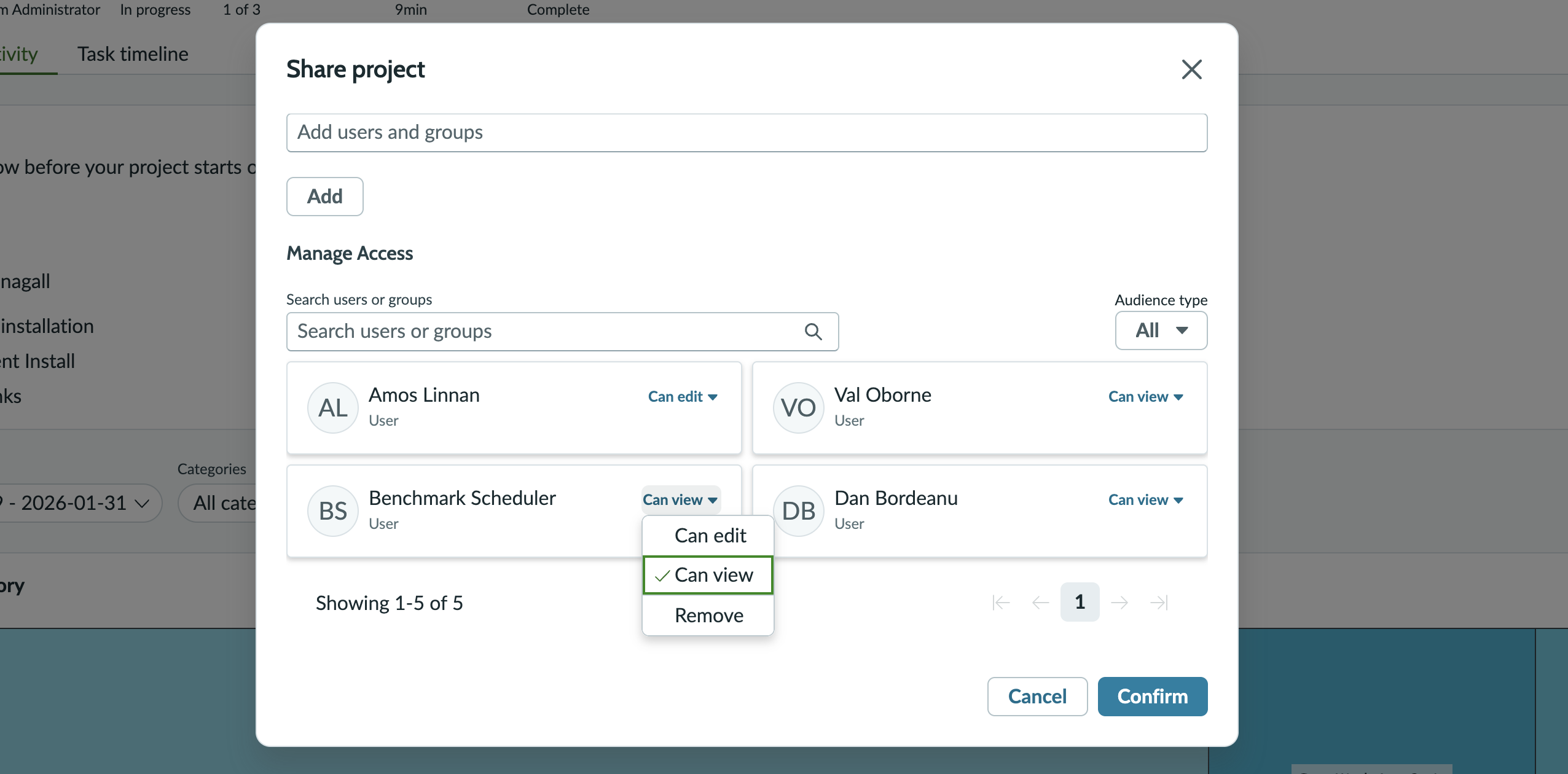 Screenshot showing the Share project panel with access granted and Actions menu.