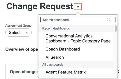 Dashboard search list with highlighted Change Dashboard icon