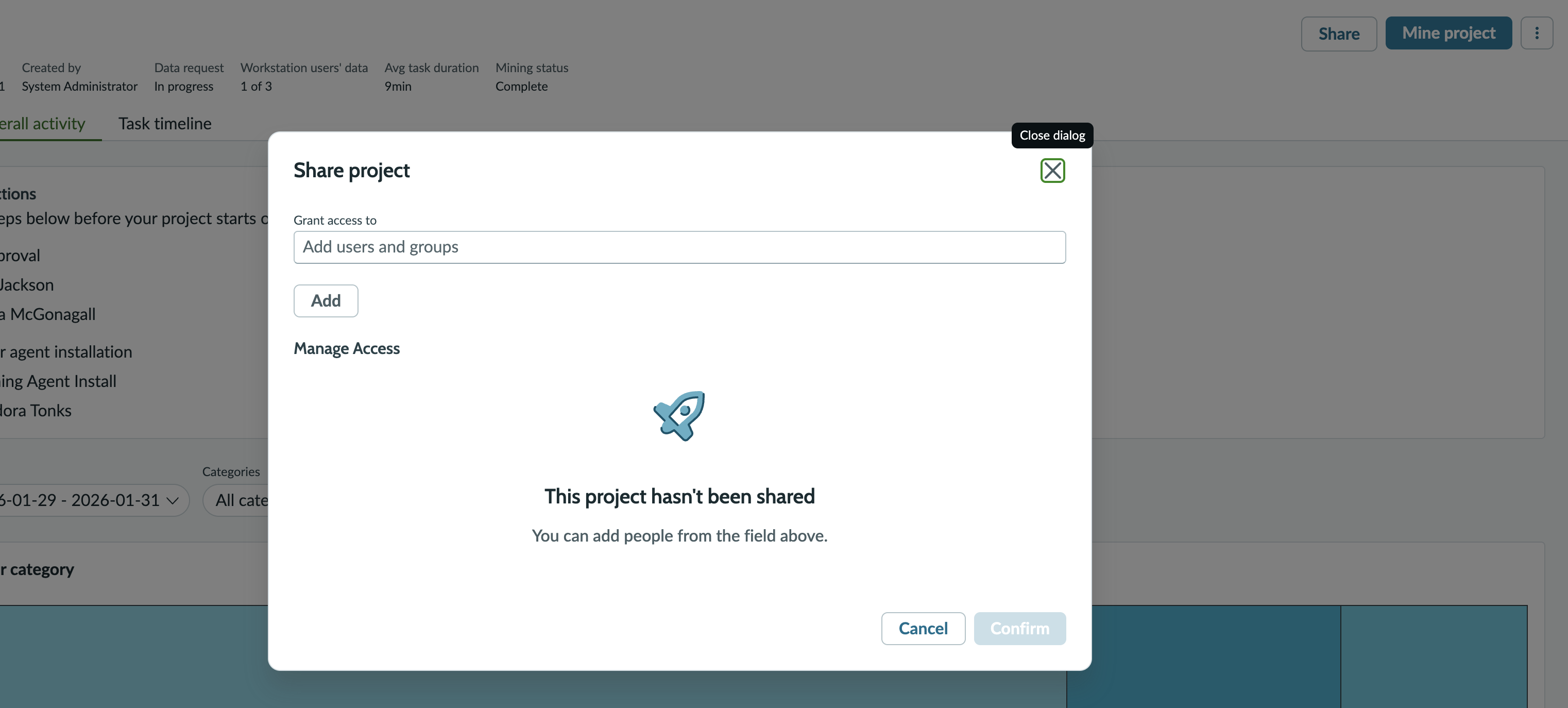 Screenshot showing the Share project panel with no access granted.