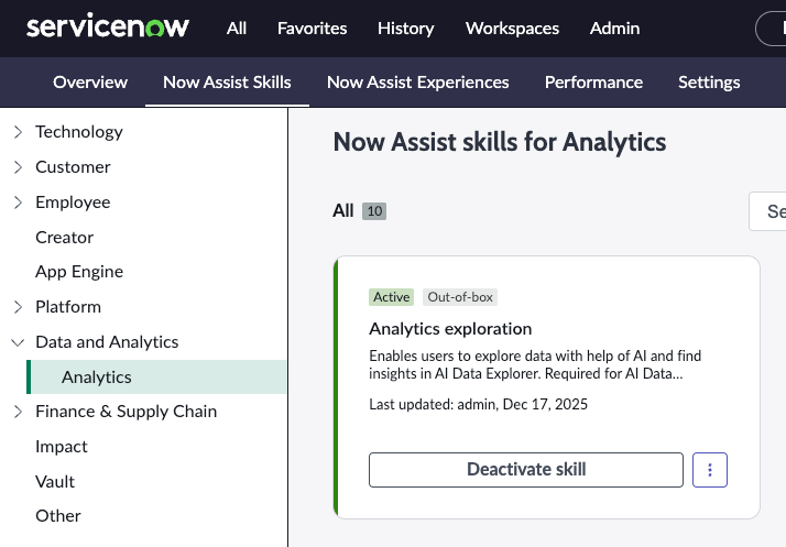 Now Assist Skills tab of Now Assist Admin console, showing the skills for AI Data Explorer under Platform.