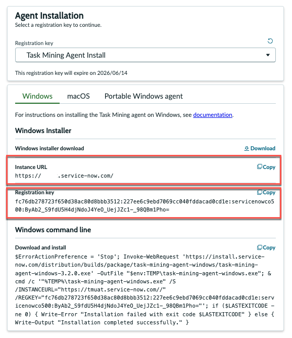 Screenshot of instance URL and registration key.