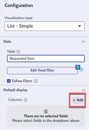 Add button for columns in a Simple List configuration panel.