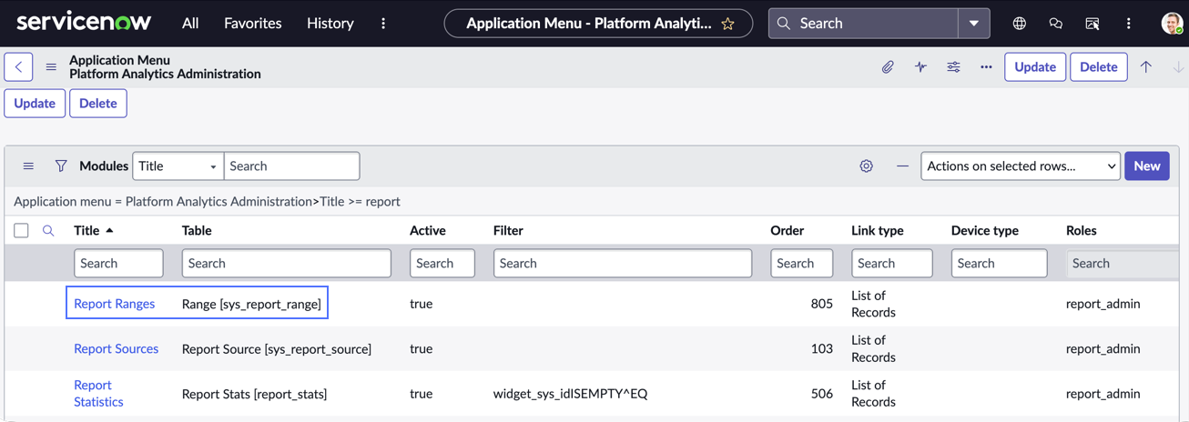 Application menu form showing the Modules related list and the Report Ranges module highlighted.