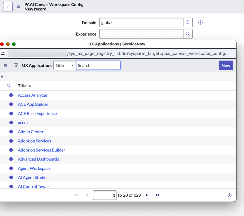 Expanded list for selecting an experience or workspace for the Experience field.